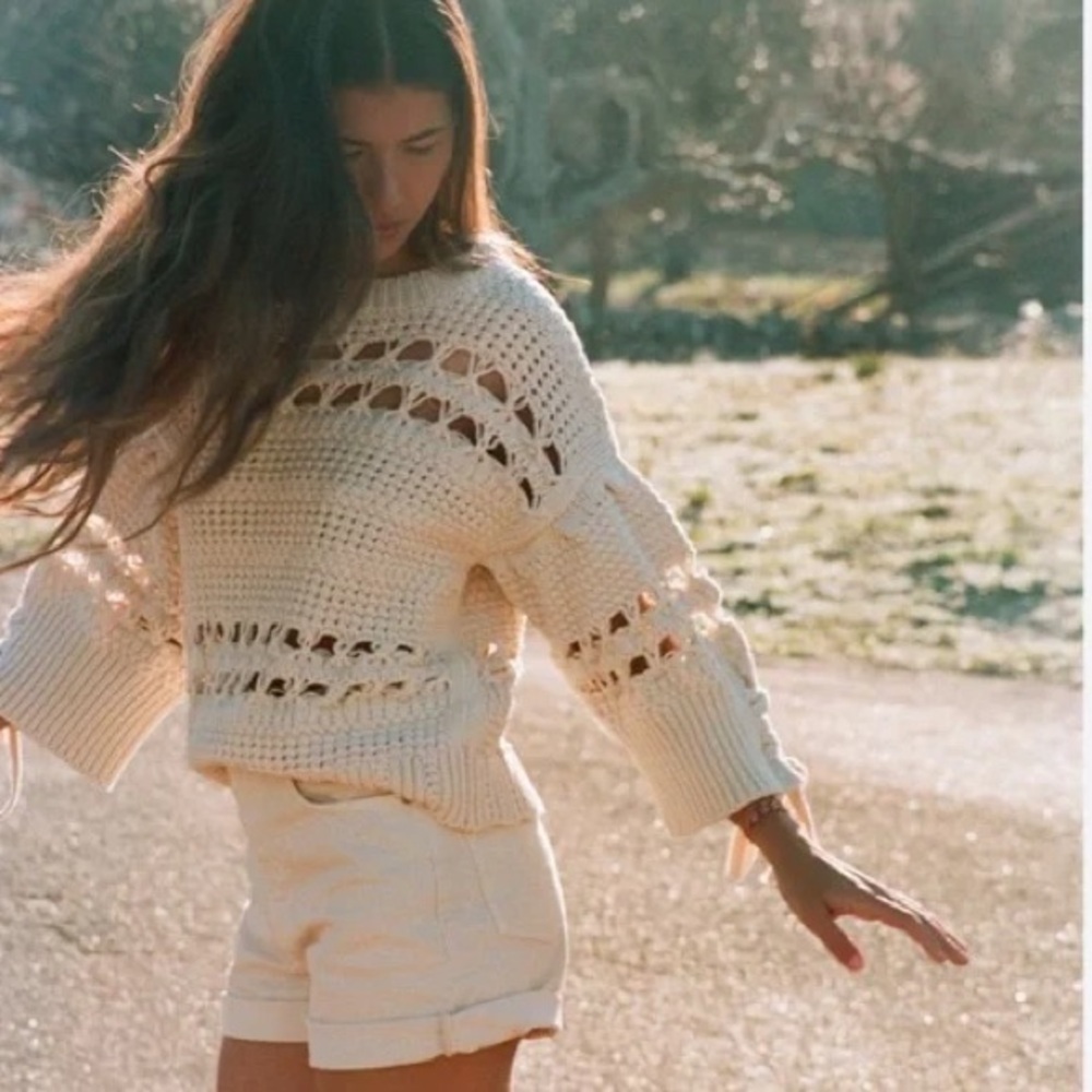 Zara Ecru Open Knit Sweater with Lace up Detailing
